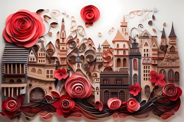 Quilling de papel ilustração vintage de vista da cidade com rosas vermelhas