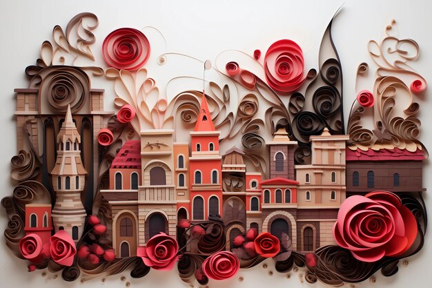 Foto quilling de papel ilustração vintage de vista da cidade com rosas vermelhas