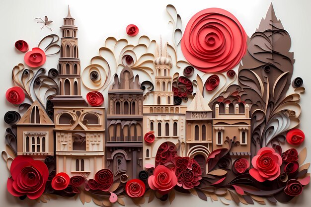 Quilling de papel ilustração vintage de vista da cidade com rosas vermelhas