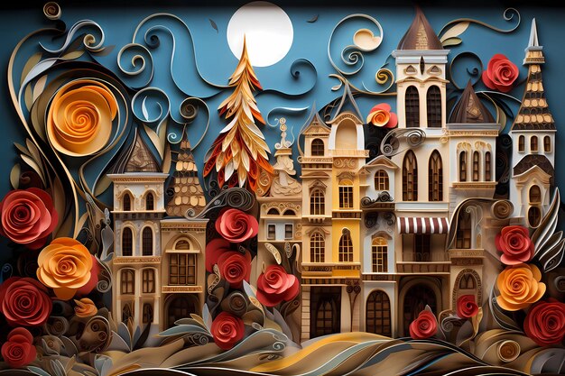 Foto quilling de papel ilustração vintage de vista da cidade com rosas vermelhas