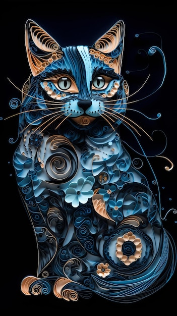 Quilling-Katze aus Papier in Blau, Schwarz und Orange