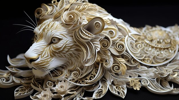 Quilling león francés místico con flujo blanco y dorado Aislado en un fondo negro Fondo de premio Premium