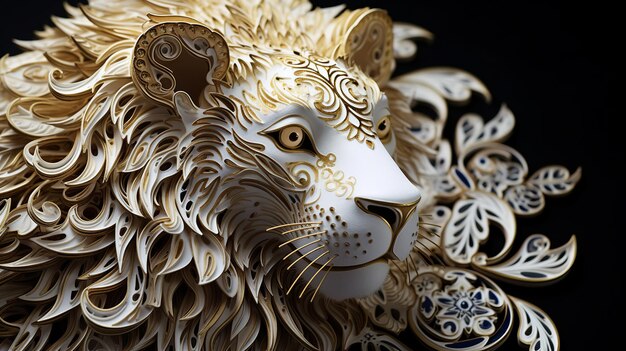 Quilling león francés místico con flujo blanco y dorado Aislado en un fondo negro Fondo de premio Premium