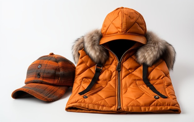 Quilted Down Vest und Furry Trapper Hat isoliert auf weißem Hintergrund