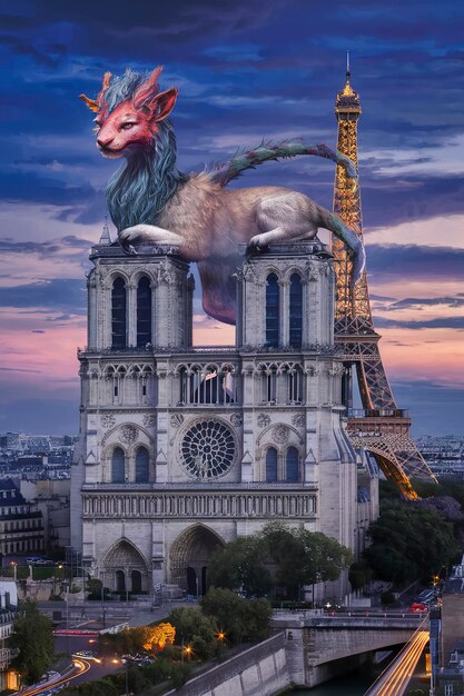 Foto quimeras en notre dame de parís y la torre eiffel, francia