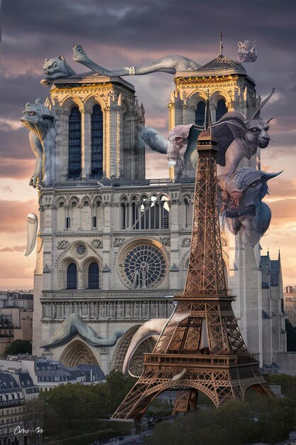 Foto quimeras en notre dame de parís y la torre eiffel, francia