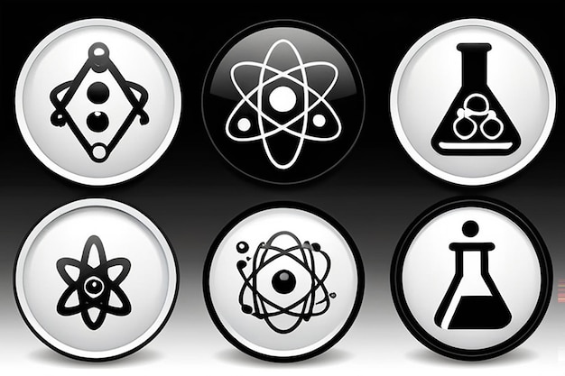 Foto química e ciência conjunto de ícones vetoriais pretos tubos de ensaio microscópio átomo e molécula