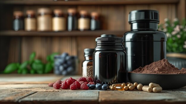 Foto químicas para musculação no ginásio e suplementos para o espaço de nutrição esportiva ia generativa