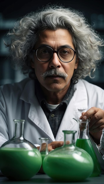 químico en bata blanca en un laboratorio con tubos de ensayo y iluminación cinematográfica líquida verde