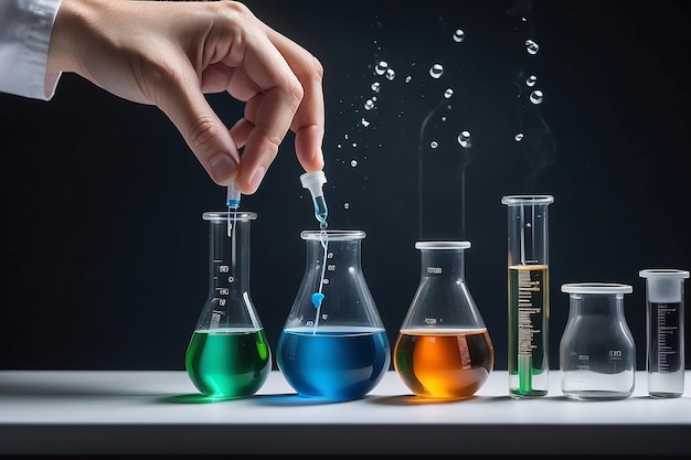 químico científico que deja caer líquido químico a mano en un tubo de ensayo investigación y desarrollo científico