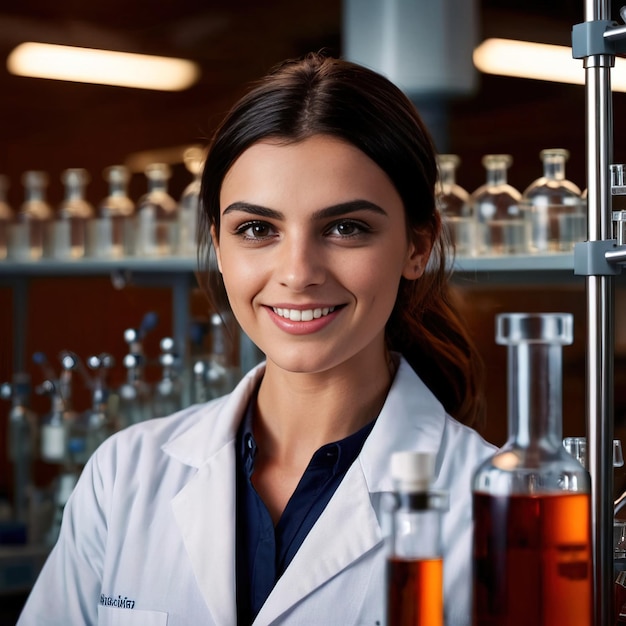 Químico mulher em laboratório químico sorrindo