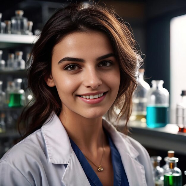 Químico mulher em laboratório químico sorrindo
