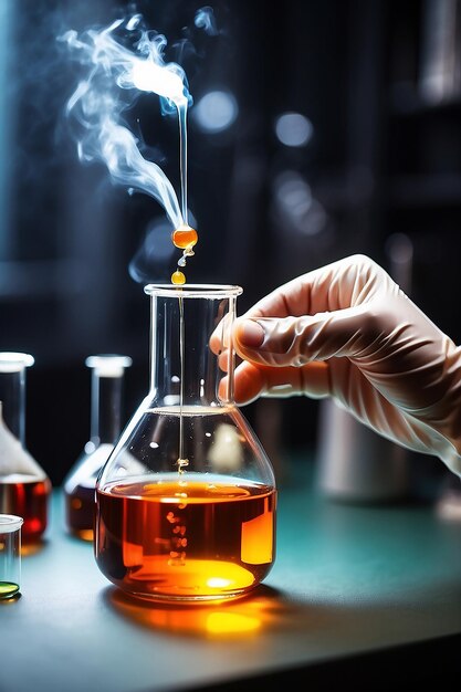 químicocientífico que deja caer líquido químico a mano en un tubo de ensayo concepto de investigación y desarrollo científico