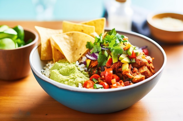 Foto quinoa-burrito-schüssel mit guacamole und tortilla-chips