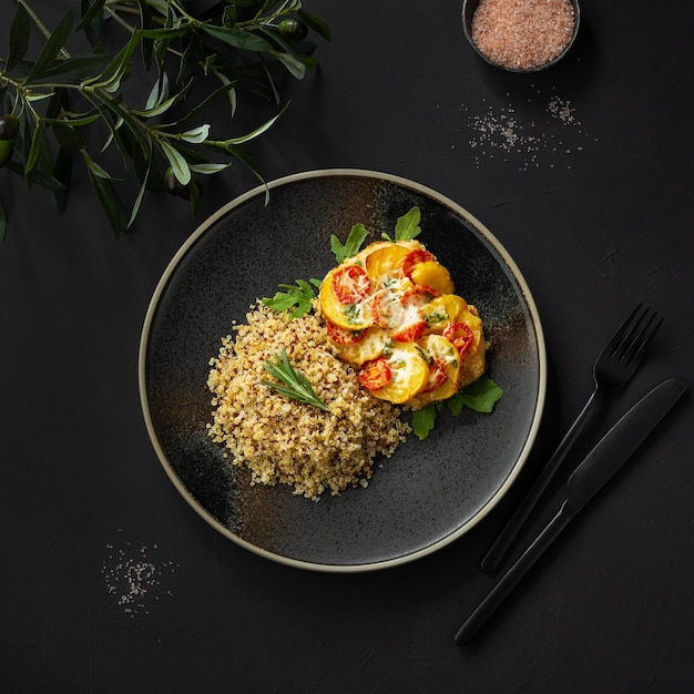 Quinoa con filete de pollo al horno con tomate y queso