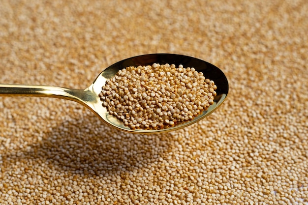 Quinoa orgánica sobre fondo blanco.