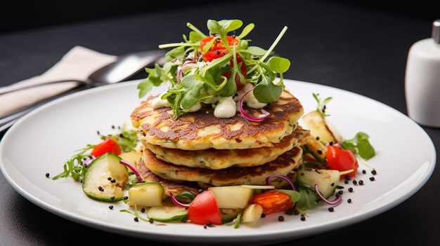 Foto quinoa-pancakes mit kartoffeln und gemüse