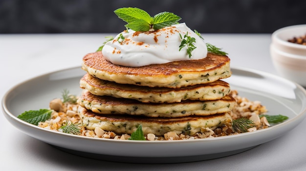 Quinoa-Pfannkuchen mit Sauerrahm auf einem Teller