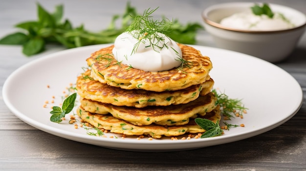 Quinoa-Pfannkuchen mit Sauerrahm auf einem Teller