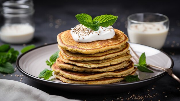 Quinoa-Pfannkuchen mit Sauerrahm auf einem Teller