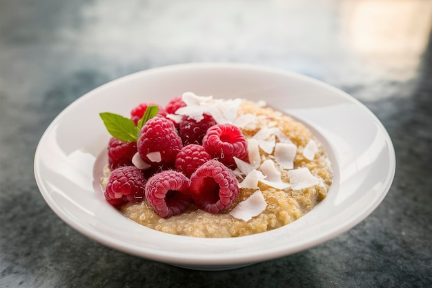 Quinoa-Porridge mit Himbeeren und Kokosnussflocken zum Frühstück