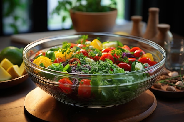 Quinoa-Salat mit bunten Gemüse in einer Glasschüssel in einer modernen Küche