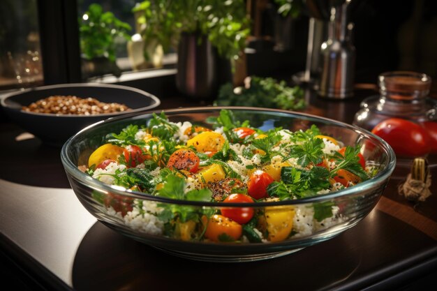 Quinoa-Salat mit bunten Gemüse in einer Glasschüssel in einer modernen Küche