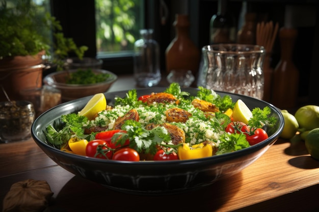 Quinoa-Salat mit bunten Gemüse in einer Glasschüssel in einer modernen Küche