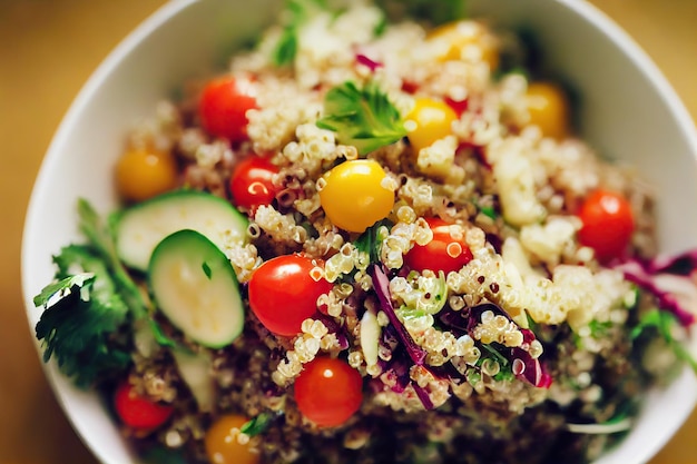 Quinoa-Salat mit glänzenden frischen Kirschtomaten in tiefer Schüssel auf dem Tisch