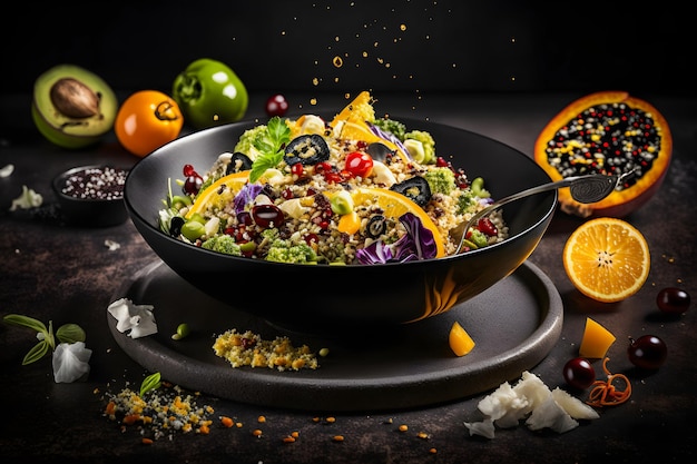 Quinoa-Salat vegetarisches Essen Fotos. Lebhafte Farben, Texturen dieses gesunden Superfoods, frisches Grün