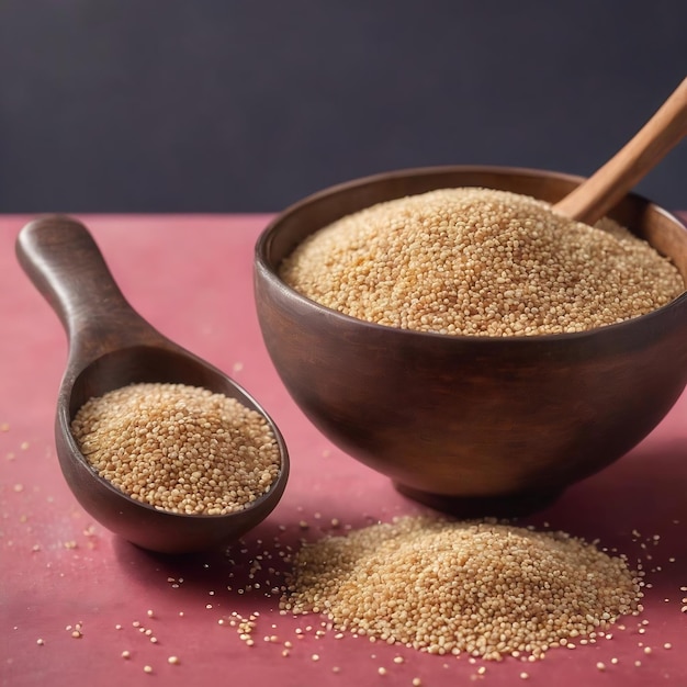 Quinoa-Samen in einer Schüssel und einem Löffel auf farbigem Hintergrund gesundes Kinwa in einer kleinen Schüssel gesundes Superfood