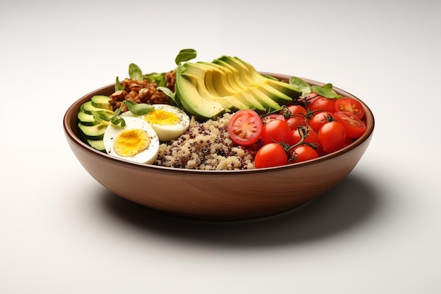 Quinoa-Schüssel mit Avocado-Eiern, Tomatengrün in einer Holzschüssel