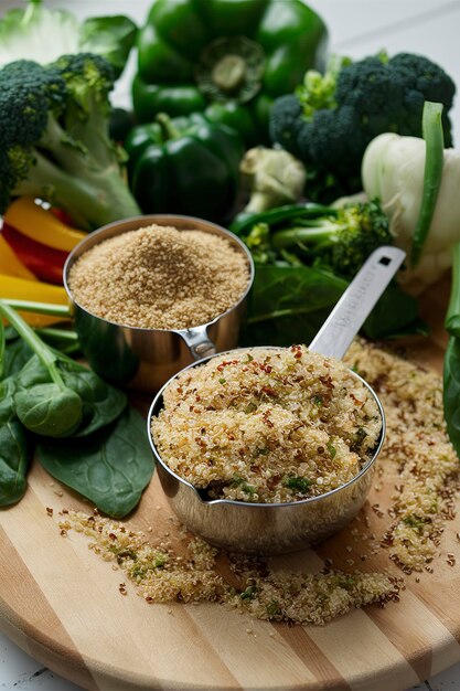 Quinoa seca em copo de medição e vegetais verdes conceito de cozinha sem glúten e saudável