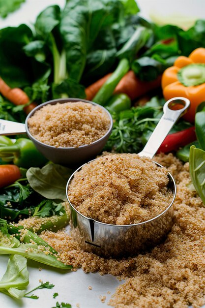 Quinoa seca en taza medidora y verduras verdes sin gluten y concepto de cocina saludable