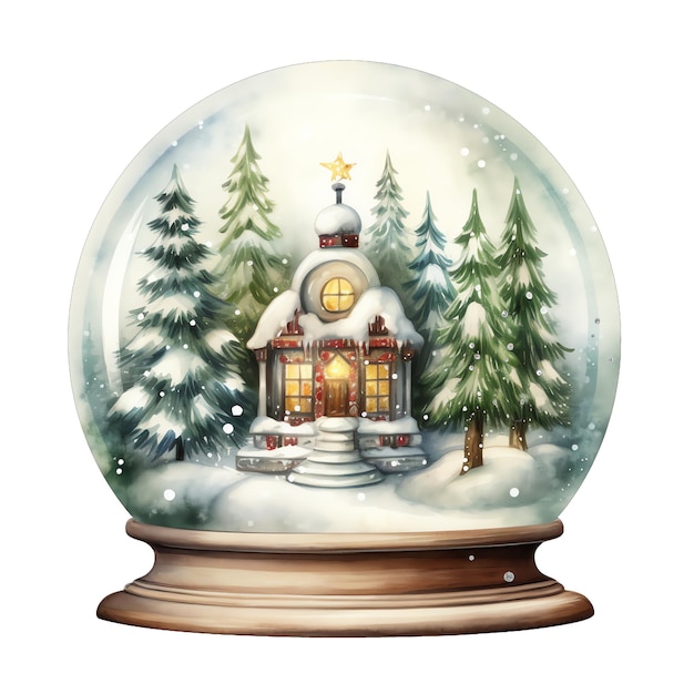 Quinta bola de neve aquarela de uma cabana na neve em ilustração de Natal para o Natal