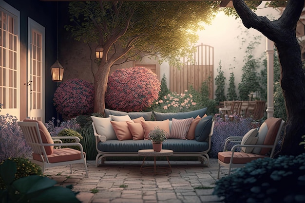Foto quintal aconchegante com sofá grande macio e poltronas confortáveis