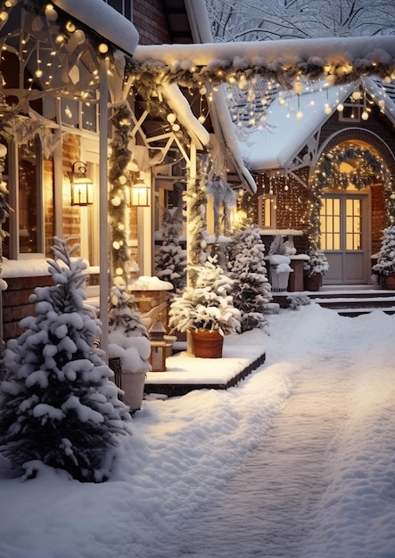 Quintal nevado com luzes de natal e árvores na neve generativa ai