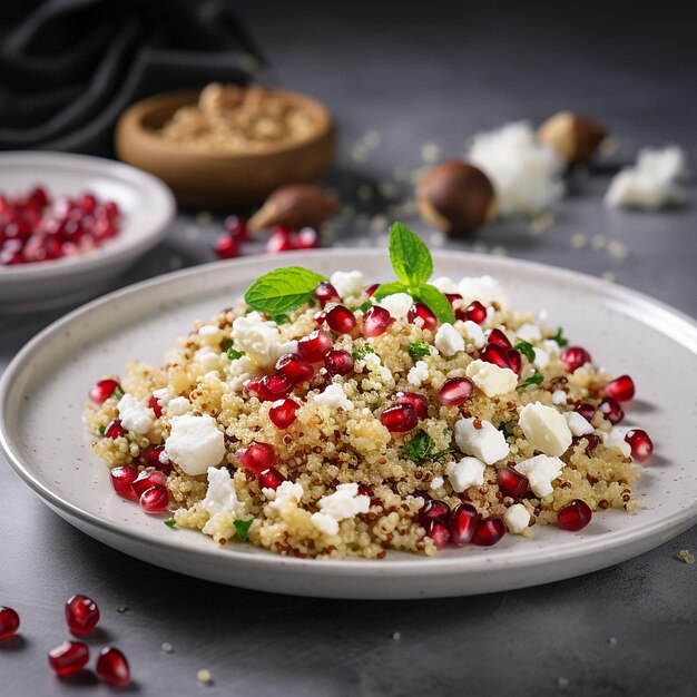 Quinua con queso feta y granada en un plato