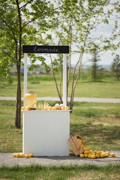 Quiosque de madeira com limonada e limões, decoração infantil no parque