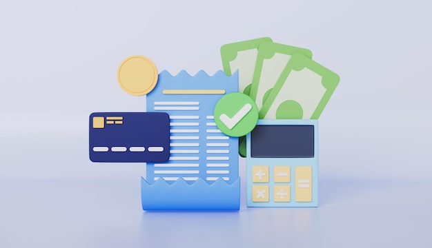Quittung mit Checkmark Bankkarte und Rechner Gesamtrechnung Einkaufszahlung Kasse