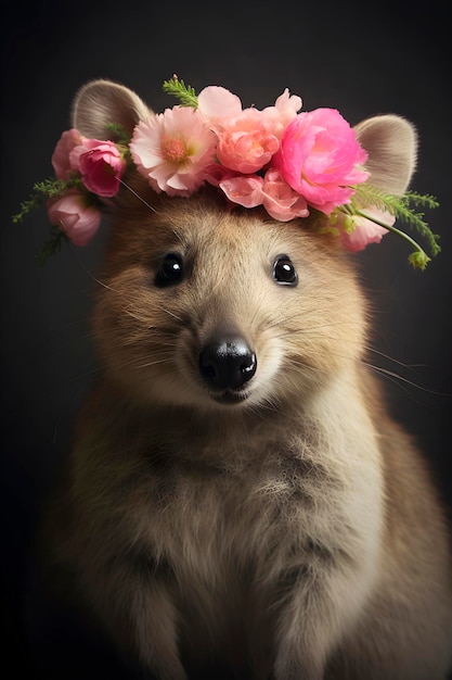 Foto quokka con una corona de flores