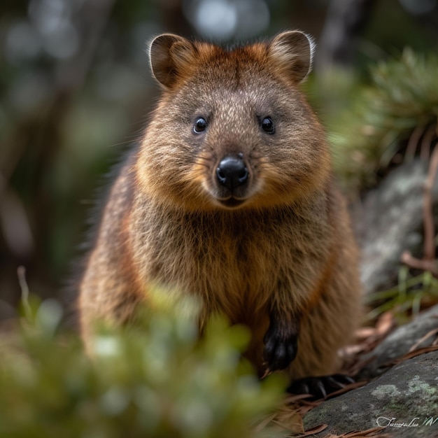 Un quokka está sentado en la rama de un árbol.