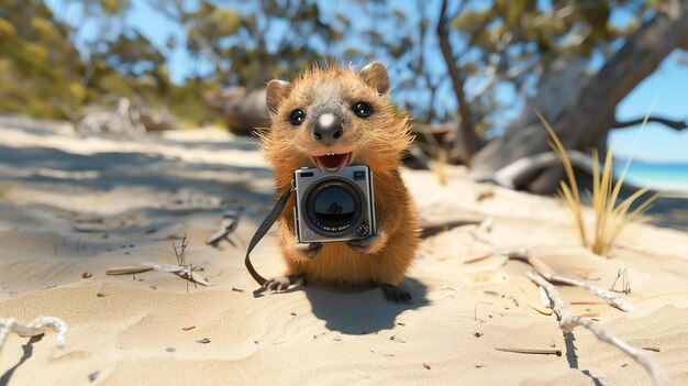 Un quokka lindo y feliz tomando una selfie en el interior de Australia El quokka está sosteniendo la cámara en sus patas y sonriendo a la lente