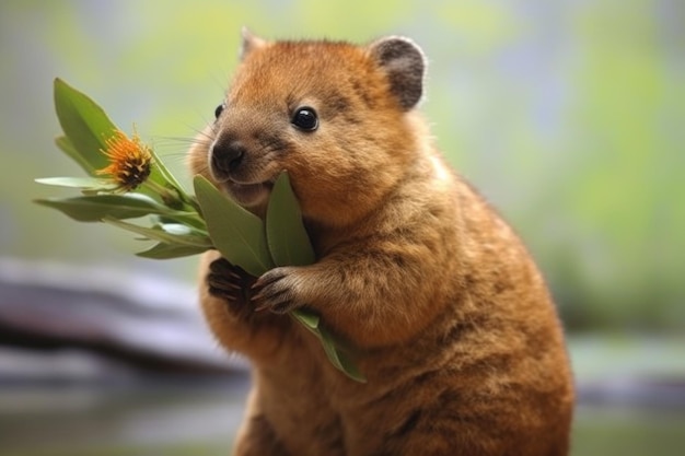 Quokka con mejillas llenas de hojas mientras mastica