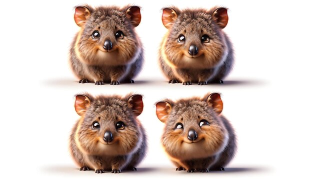 Quokka muestra diversos ángulos y emociones en un fondo blanco limpio con expresiones de j