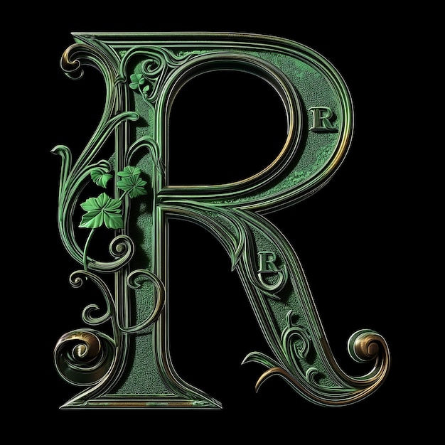 R-Buchstaben mit Art Nouveau-Skulptur-Ikonen auf schwarzem Hintergrund