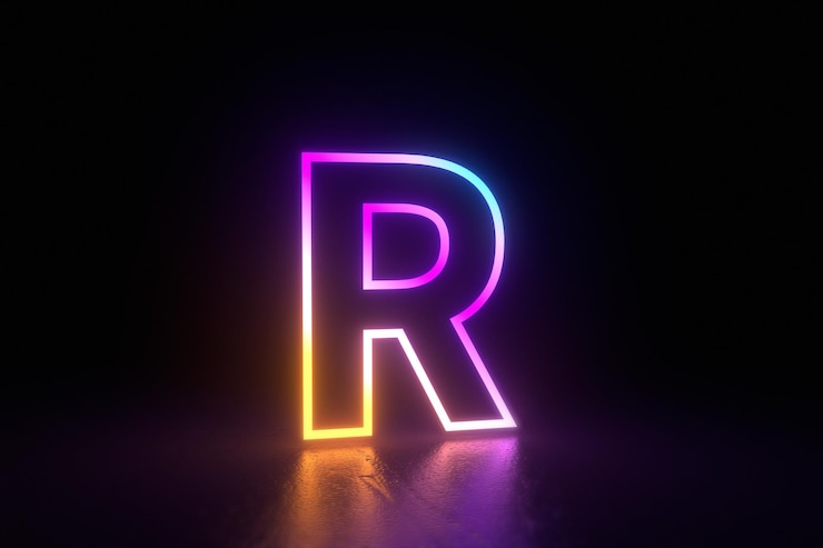 Foto r letra carácter neón aislado reflexión ilustración 3d render. ilustración 3d