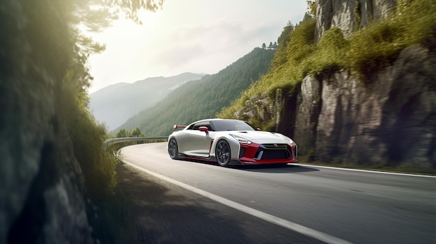 Un r8 gtr blanco y rojo en un camino sinuoso.