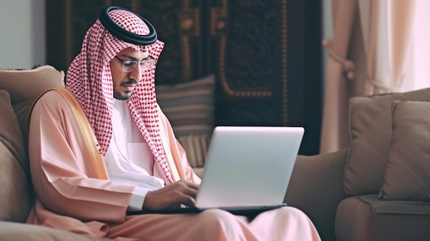 Rab saudí usando una computadora portátil para trabajar en línea IA generativa