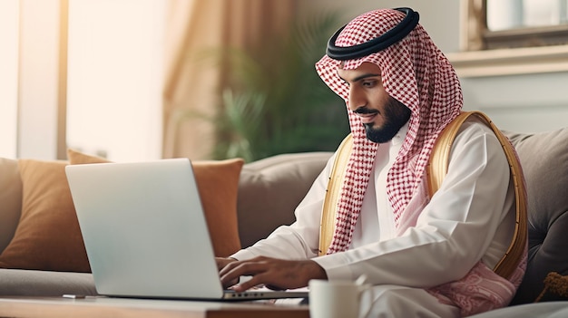 Rab saudí usando una computadora portátil para trabajar en línea IA generativa